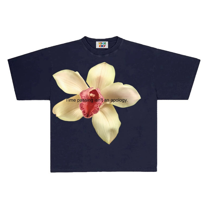 GOODGOD Flower Letter Printed Short-Sleeve