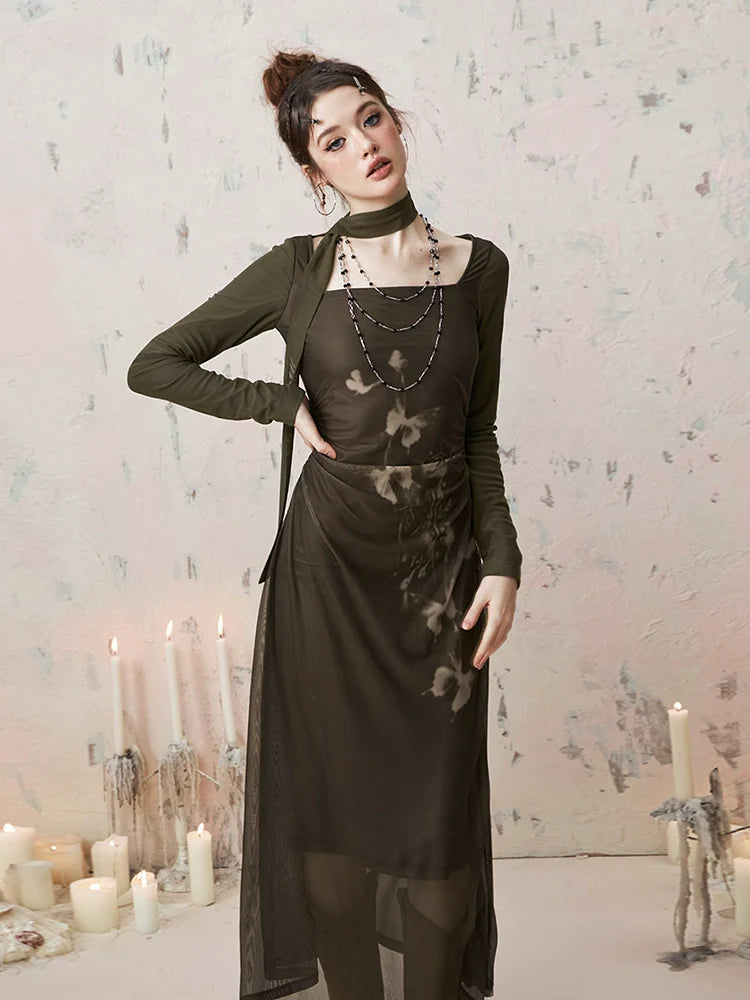 Imone Butterfly Print Pleated Mesh Dress