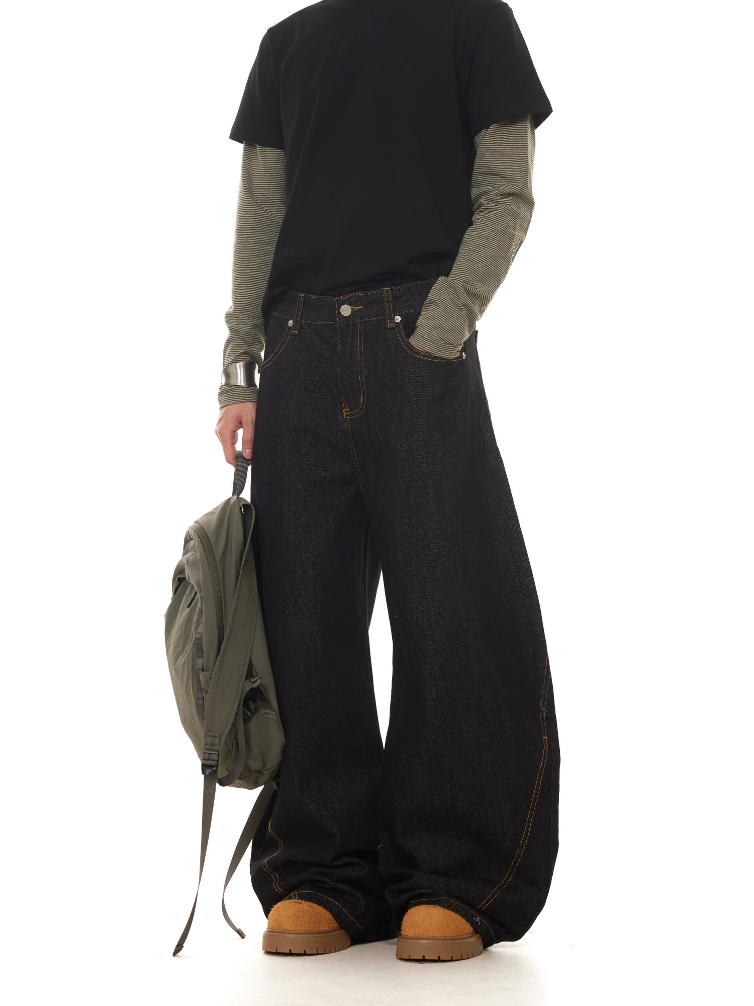 BTSG Guochao retro Japanese Raw denim black wide-leg scimitar jeans