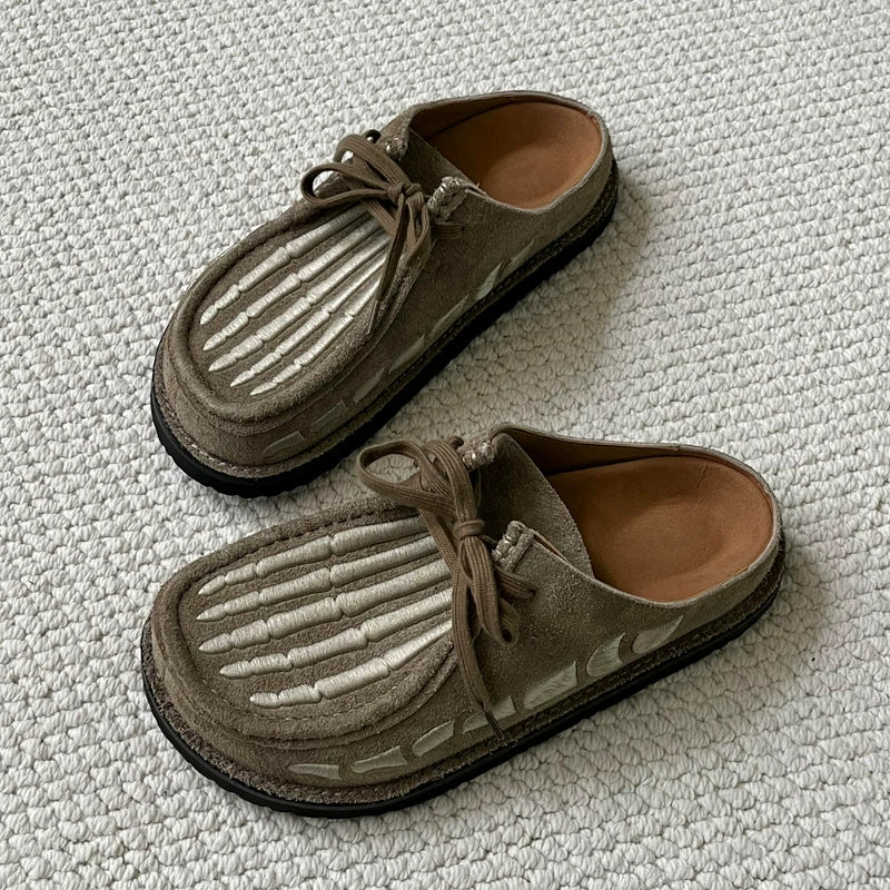 INTAO Cowhide Lace Up Birkenstock Half Slippers