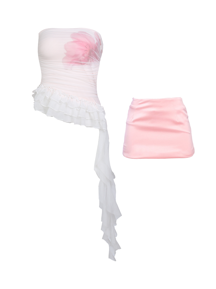 Limerance Island Holiday Hazy Flower Tube Top One-Shoulder Top Skirt