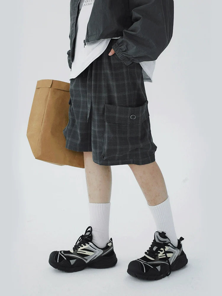 STILLYOU Simple Double Overalls Pocket Plaid Suit Shorts