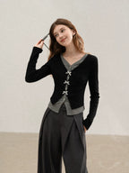 cantonstory Fake Two Piece V Neck Knit Long Sleeve Top