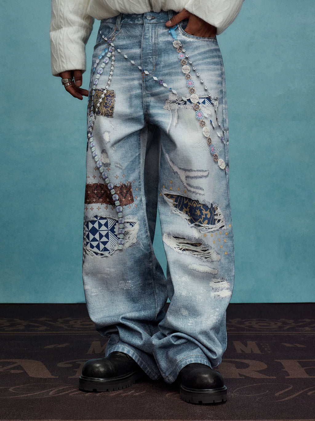 YADxMEDM Baijia Cloth Patch Destroyed Chain Print Jeans