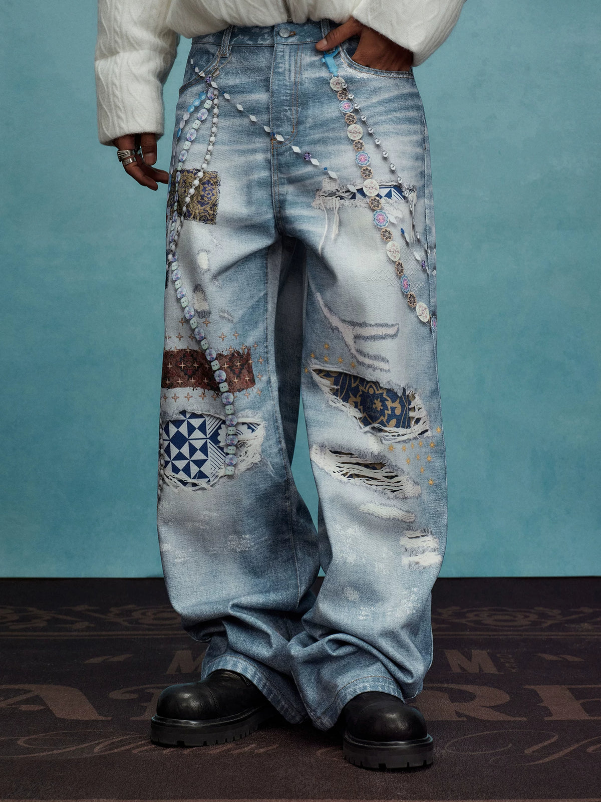 YADxMEDM Baijia Cloth Patch Destroyed Chain Print Jeans