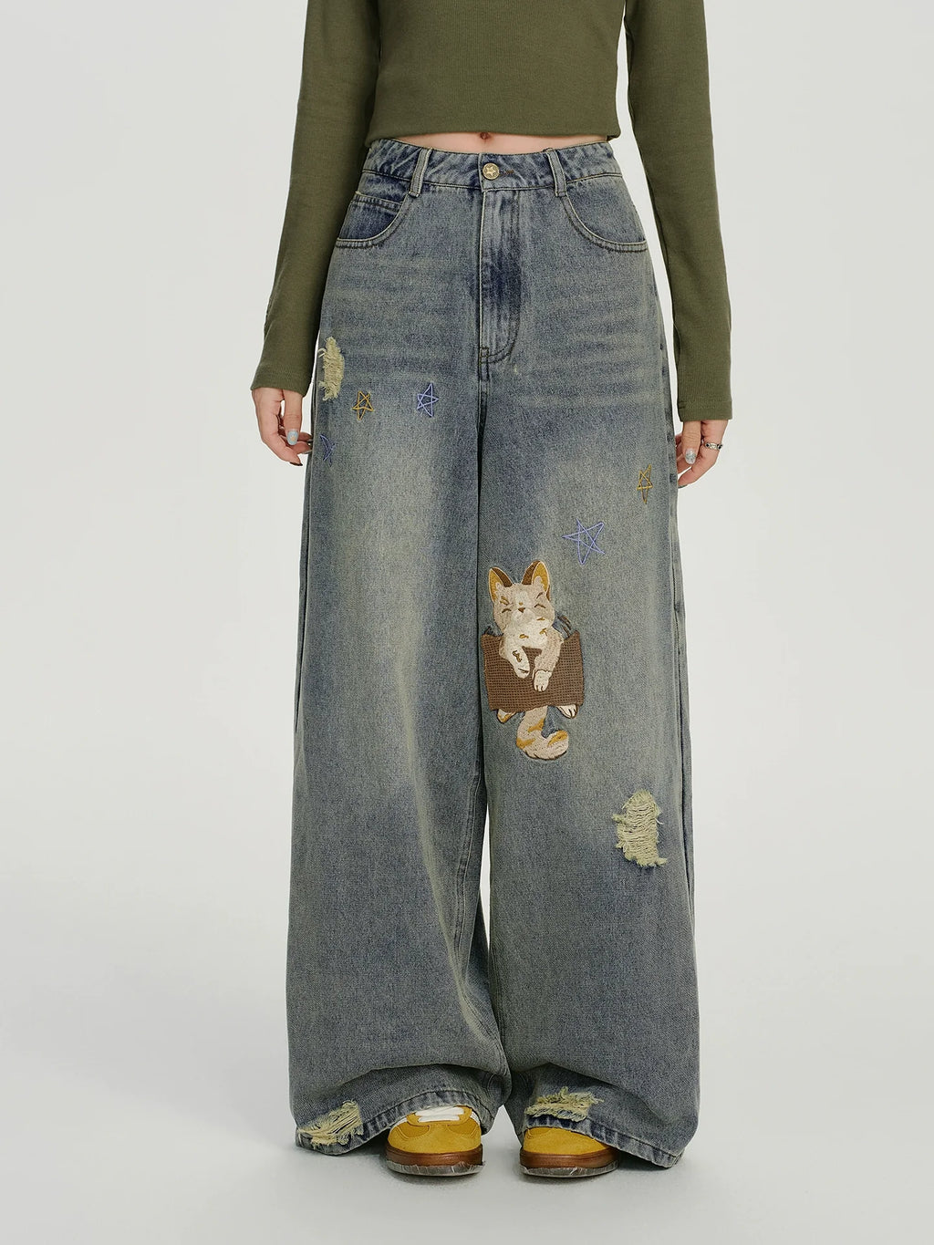 Girlyhalo Vintage Embroidered Loose Jeans
