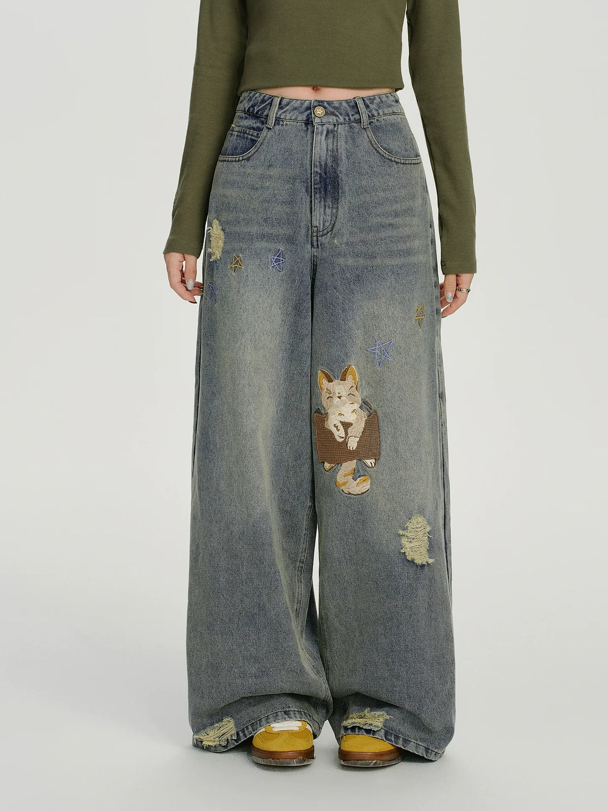 Girlyhalo Vintage Embroidered Loose Jeans