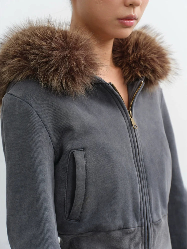 LINY LIBERTY Removable Fur Collar Short Sweater Casual Sweatpants Set