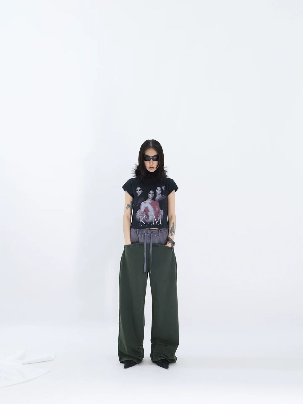 FUZZYKON Loose Old Splicing Double Waist Sweatpants