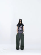 FUZZYKON Loose Old Splicing Double Waist Sweatpants