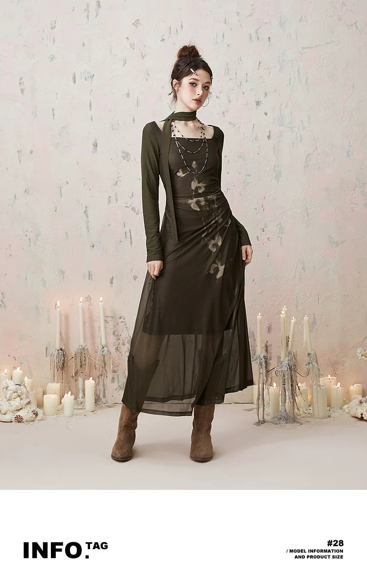 Imone Butterfly Print Pleated Mesh Dress