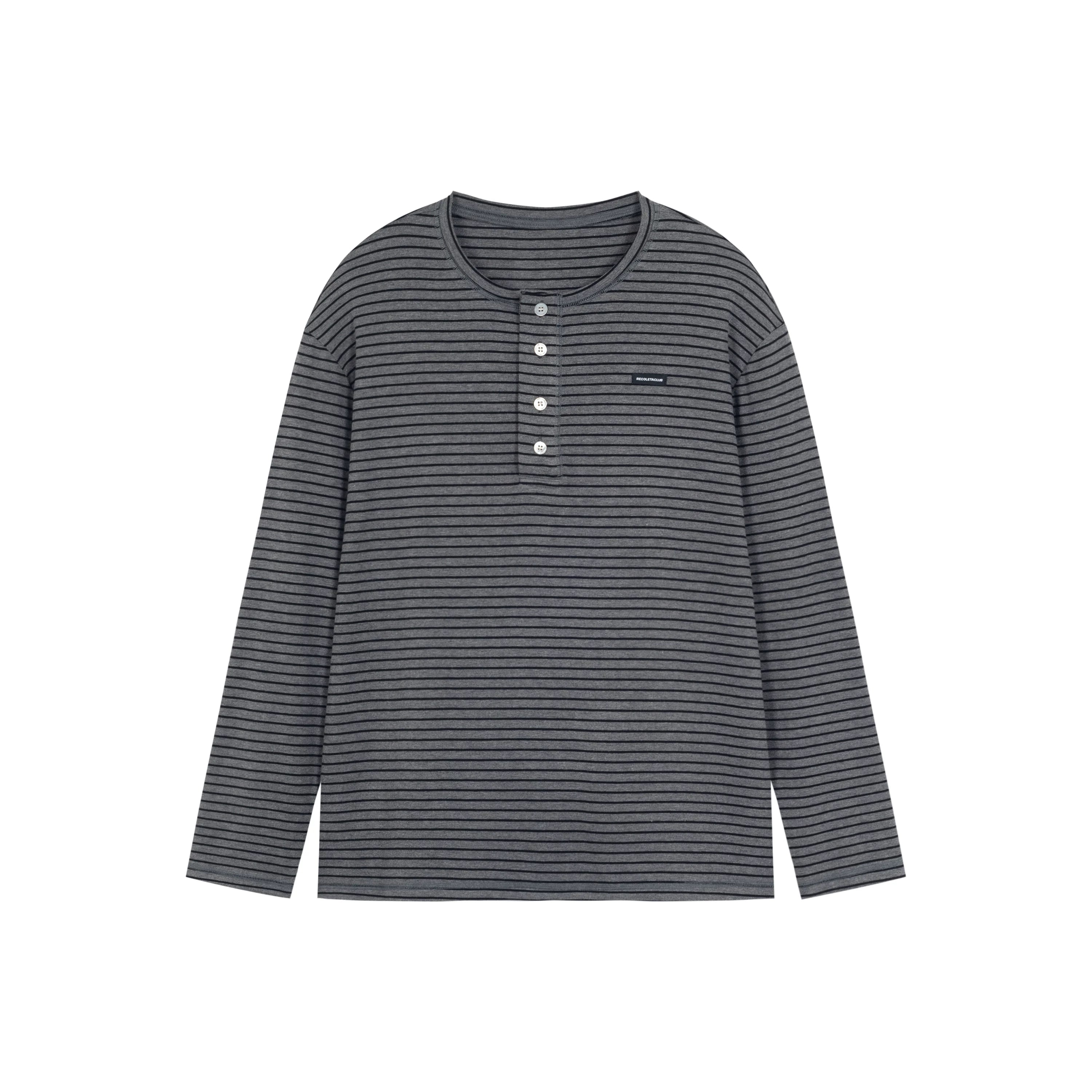 RECOLETA Tencel Striped Henley Long Sleeve Tee