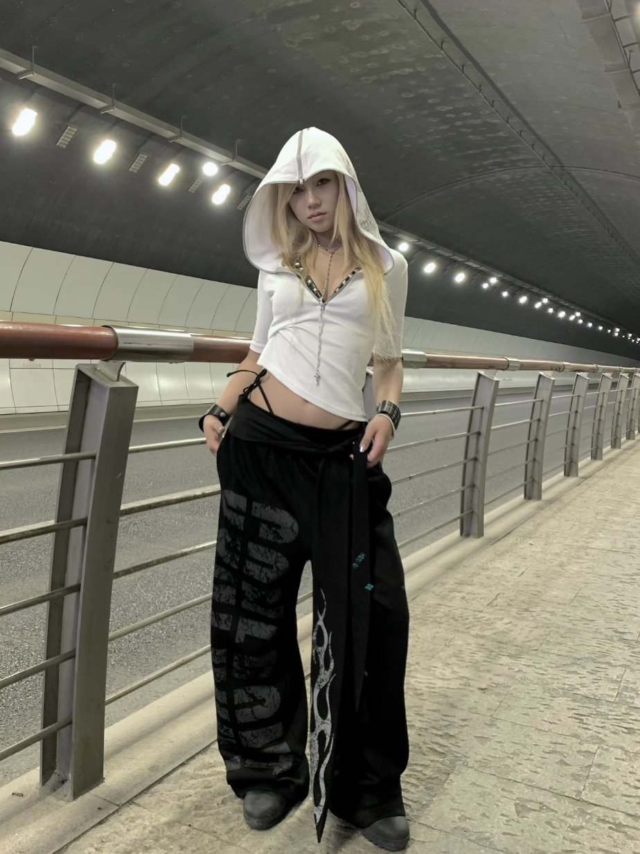 noEmosen Confront Slogan Flame Streamer Sweatpants