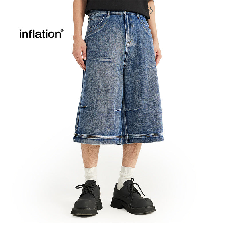 INF pleated seven-point Denim Shorts