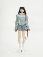 NERESUM Lace Patchwork Denim Hoodie Sweatshirt Trendy Preppy Street Cropped Hoodies