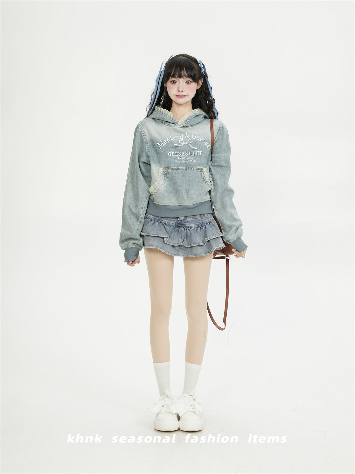 NERESUM Lace Patchwork Denim Hoodie Sweatshirt Trendy Preppy Street Cropped Hoodies