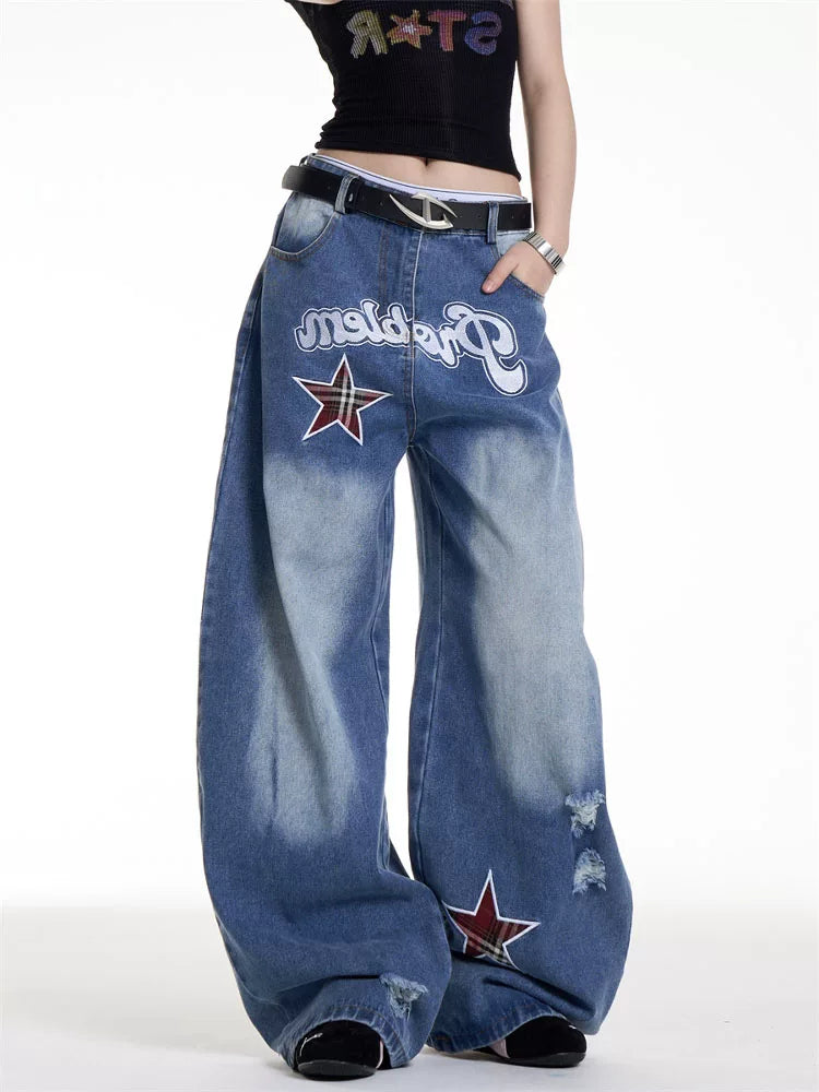 American Retro Washed Star Embroidered Scimitar Jeans