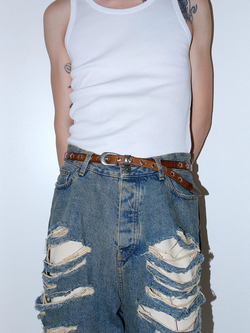 Darkblue Store Brown Distressed Leather Flower Buckle Belt