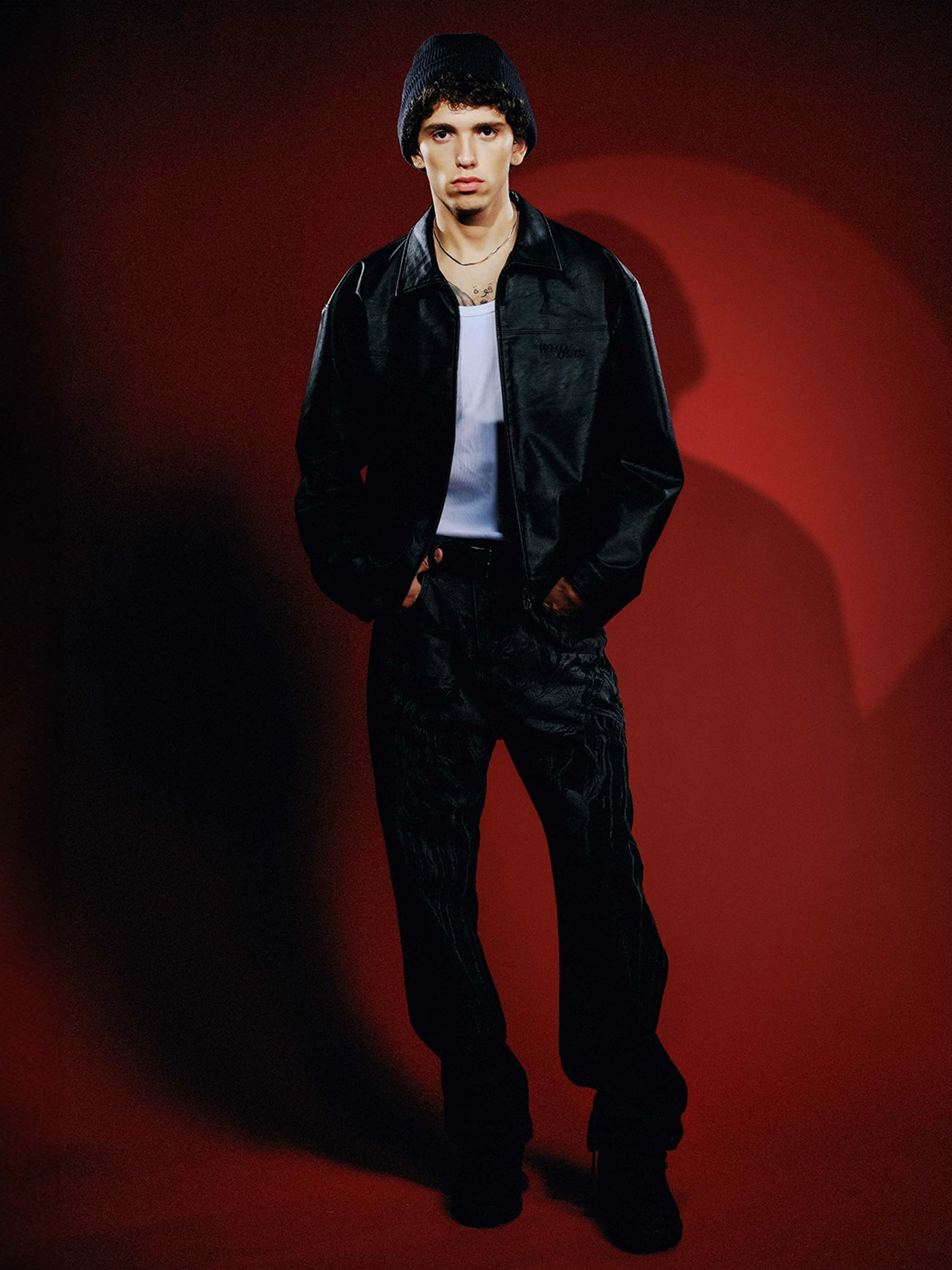 WHOOSIS Superman LOGO Embossed Leather Jacket