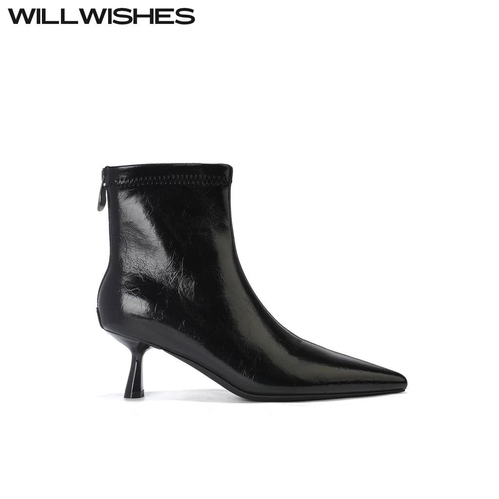 WILLWISHES Wang Ding Pointed Toe Stiletto Back Zipper Boots