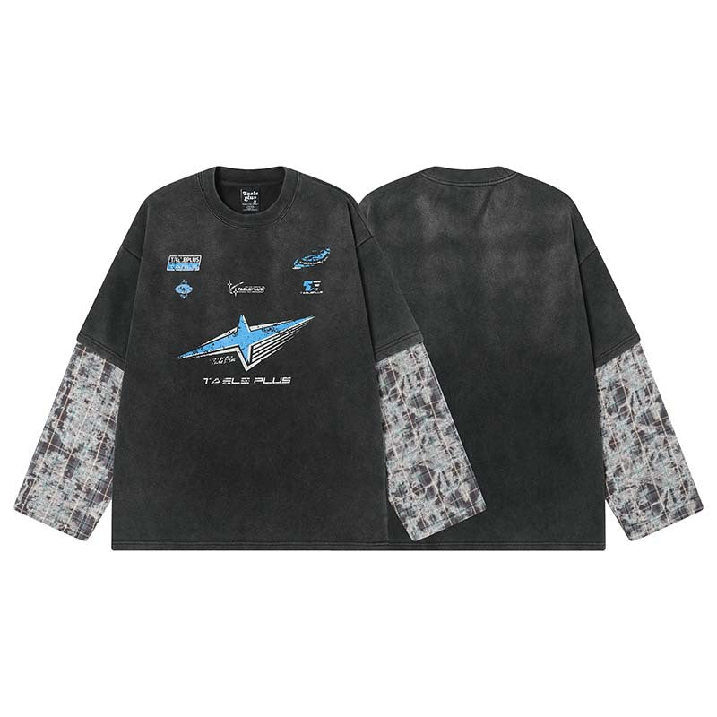 High Street Racing Letter Print Plaid Splice Fake Two-Piece Long-Sleeve Tee