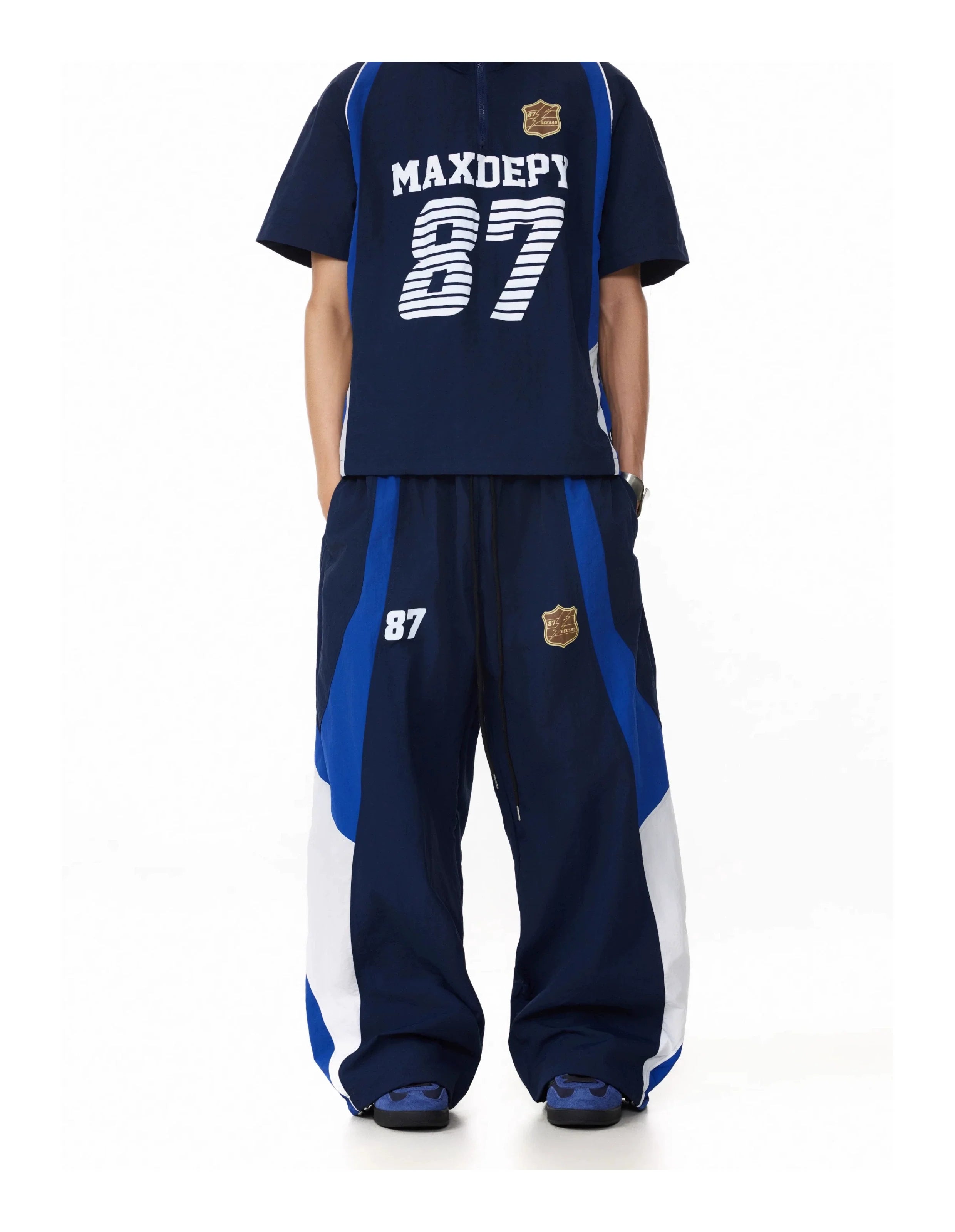 BTSG American retro badge contrasting color splicing elastic waist Pants