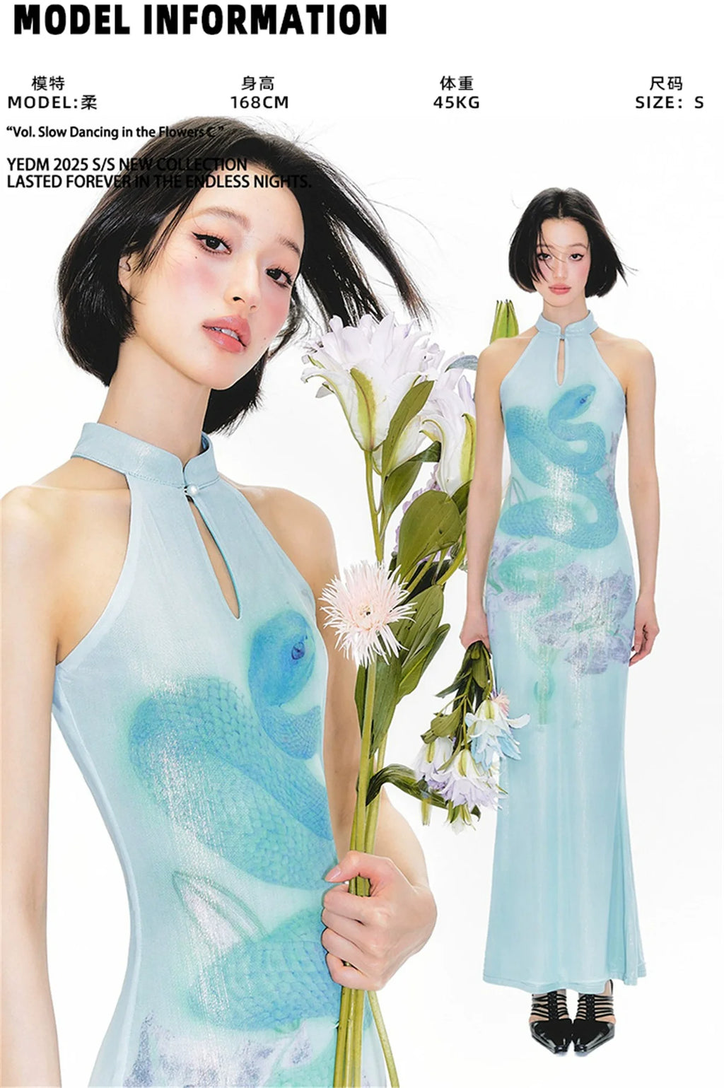 YEDM Blue Snake Print Neck Cheongsam Dress