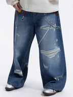 WHOOSIS Decorative Patch Denim Print Pants