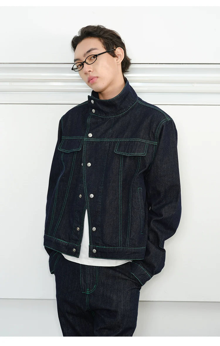 KREATE Contrasting Bright Line Diagonal Placket Stand-up Collar Denim Jacket