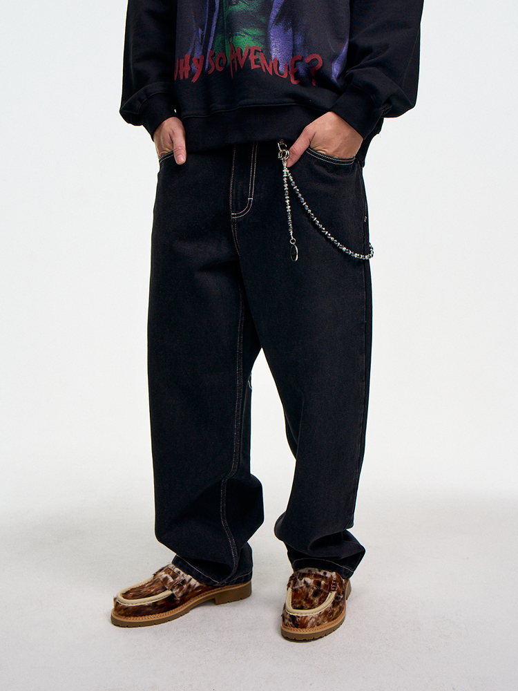 AVENUESON Two Color Heavy Embroidery Straight Wide Leg Jeans