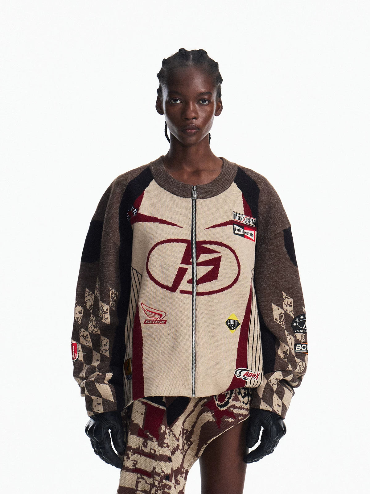 PEOPLESENSE Racing Contrast Knit Round Neck Zipper Cardigan