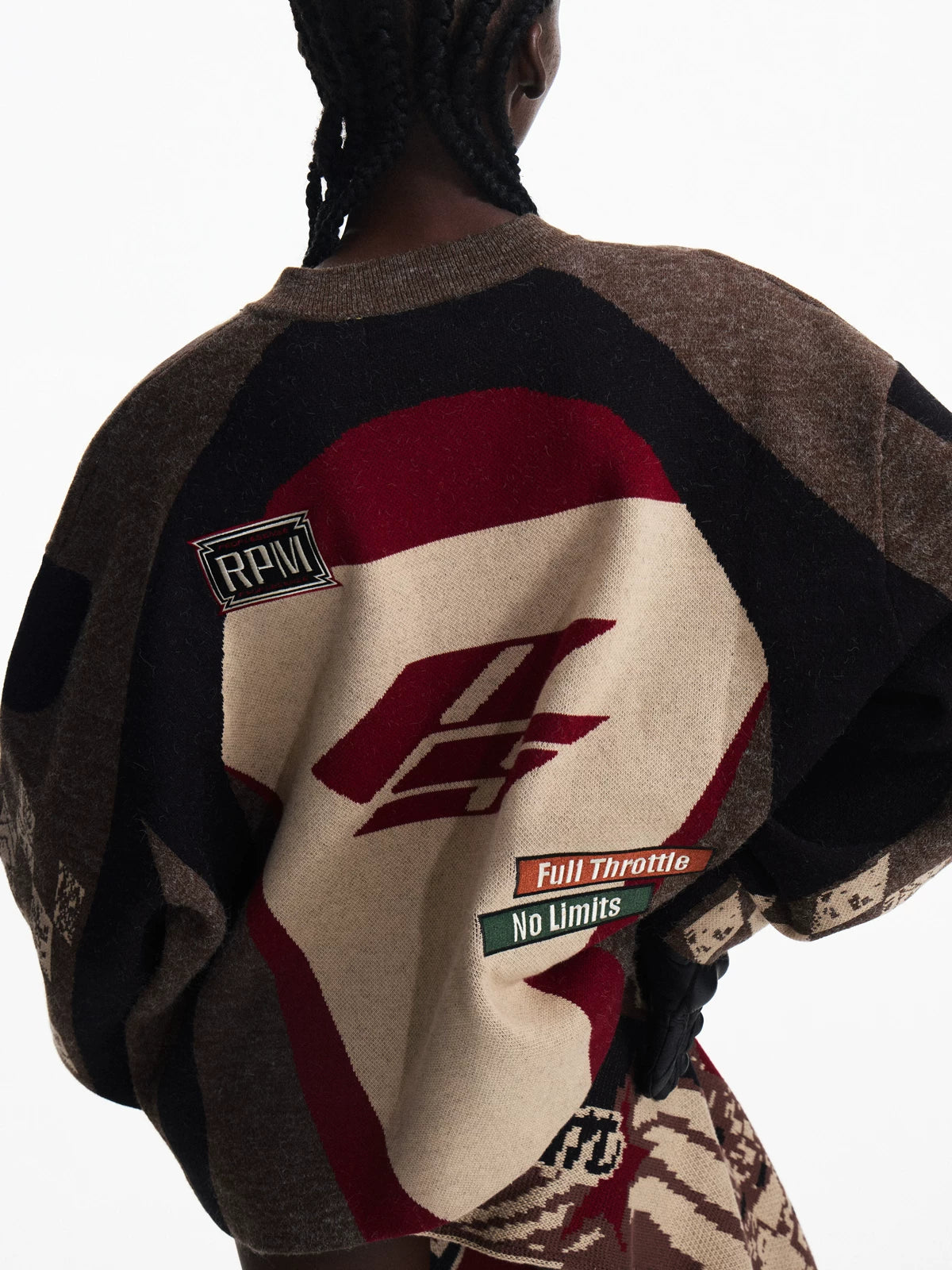 PEOPLESENSE Racing Contrast Knit Round Neck Zipper Cardigan