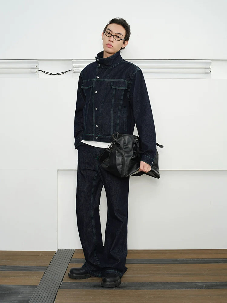 KREATE Contrasting Bright Line Diagonal Placket Stand-up Collar Denim Jacket