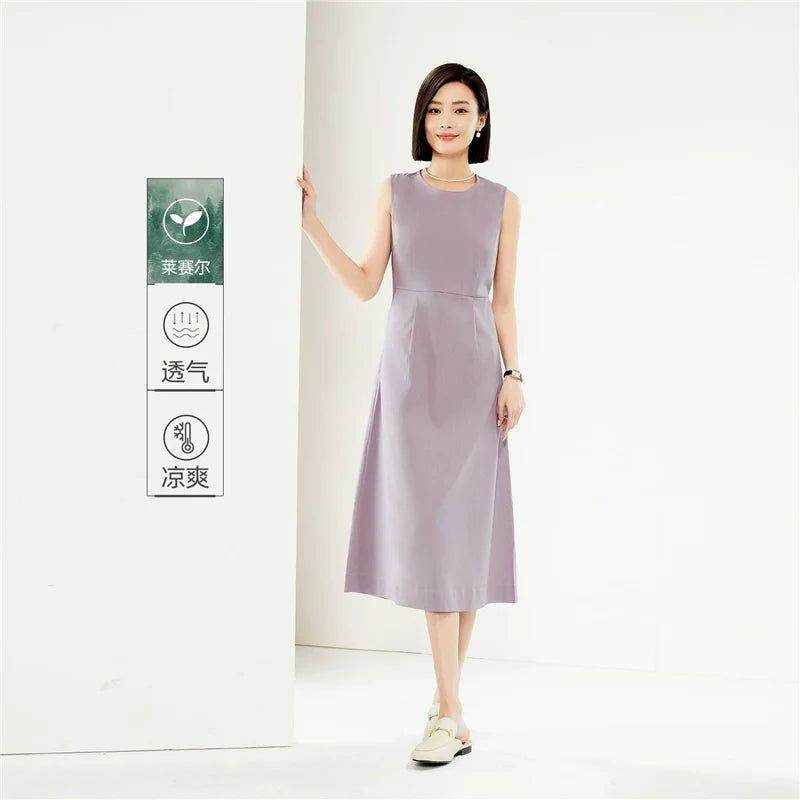 Giordano Minimalist Pleated Round Neck Sleeveless Dress