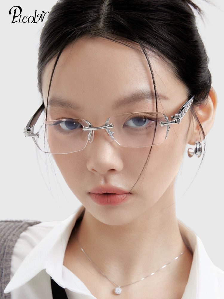 PLCOIN Rimless Carved Retro Cross Metal Glasses Anti-Blue Light Myopia