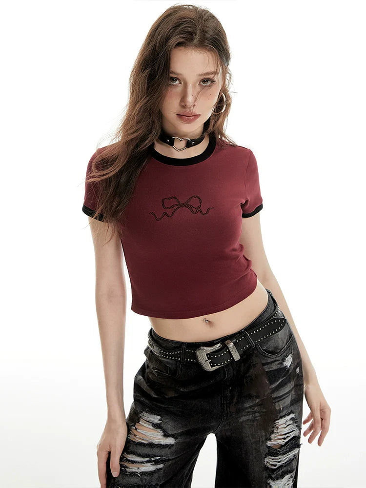 Imone Contrasting Bow Hot Diamond Round Neck Tee