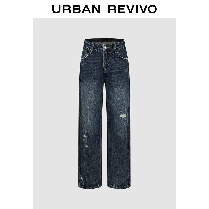 Urban Revivo Washed Whiskers Ripped Wide Leg Jeans