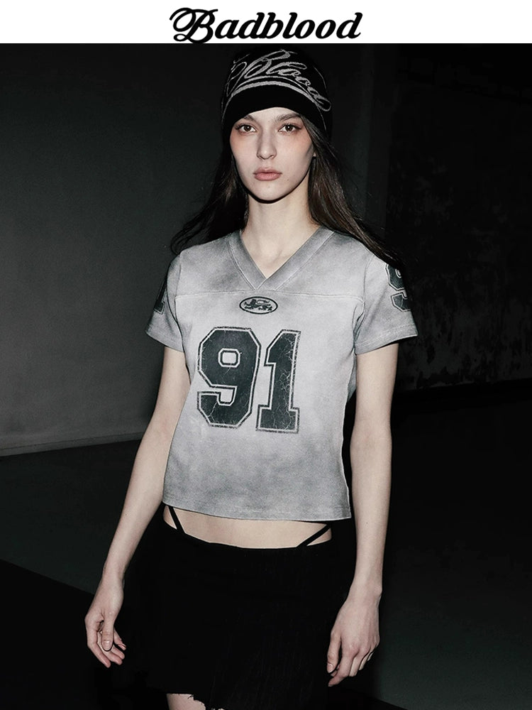 BADBLOOD Retro V-Neck Slim Short Sleeve Tee