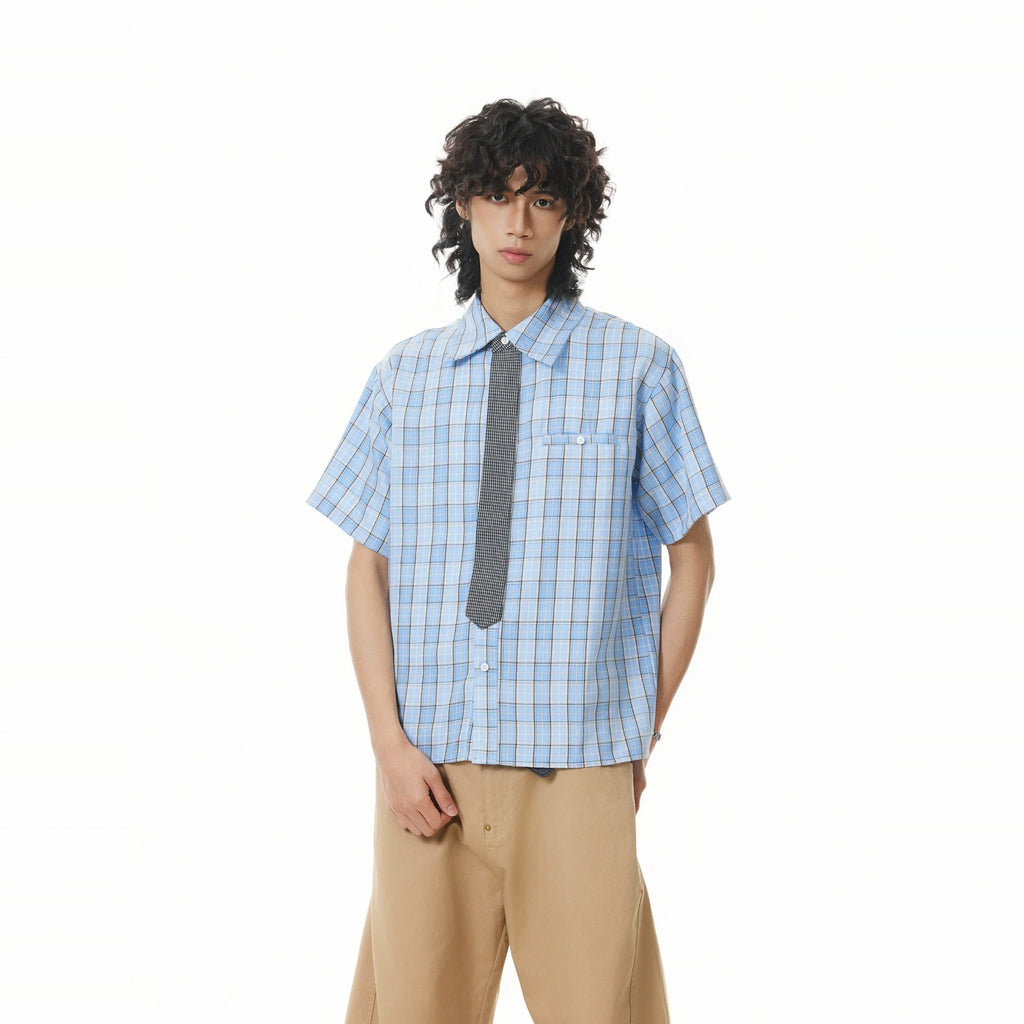 BTSG Detachable Tie Plaid Short Sleeve Shirt