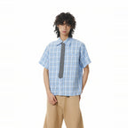 BTSG Detachable Tie Plaid Short Sleeve Shirt