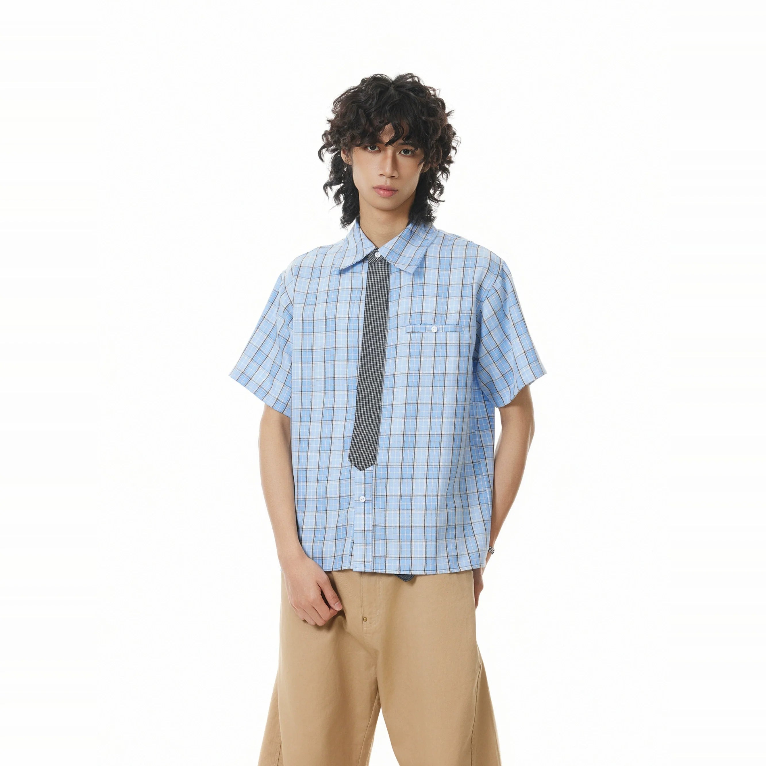 BTSG Detachable Tie Plaid Short Sleeve Shirt