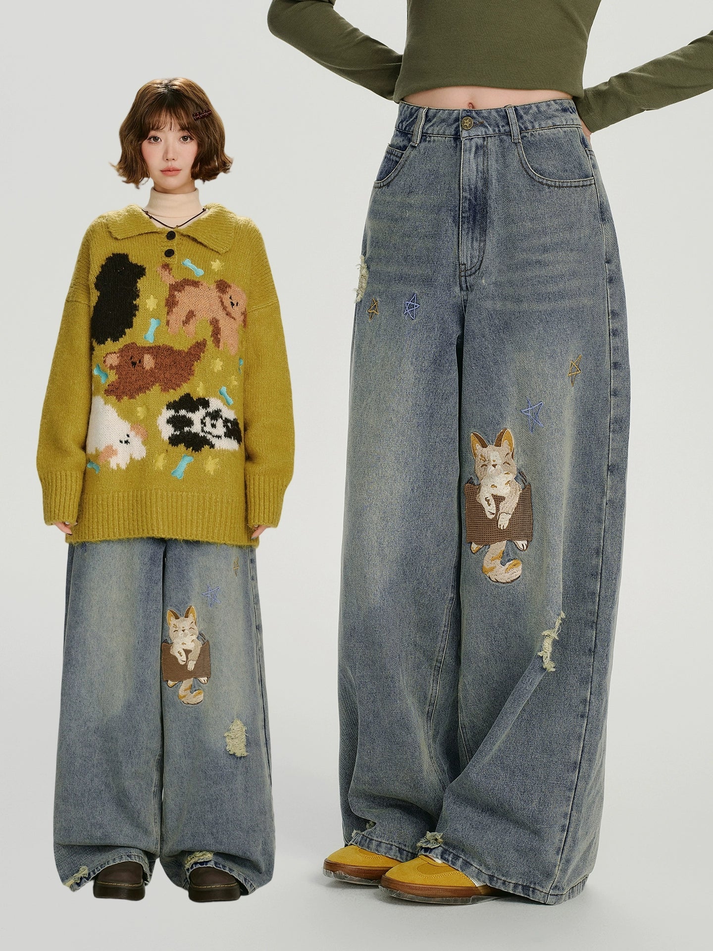 Girlyhalo Vintage Embroidered Loose Jeans