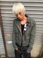 noEmosen Tie Gray Green Dyed Motorcycle Collar Jacket