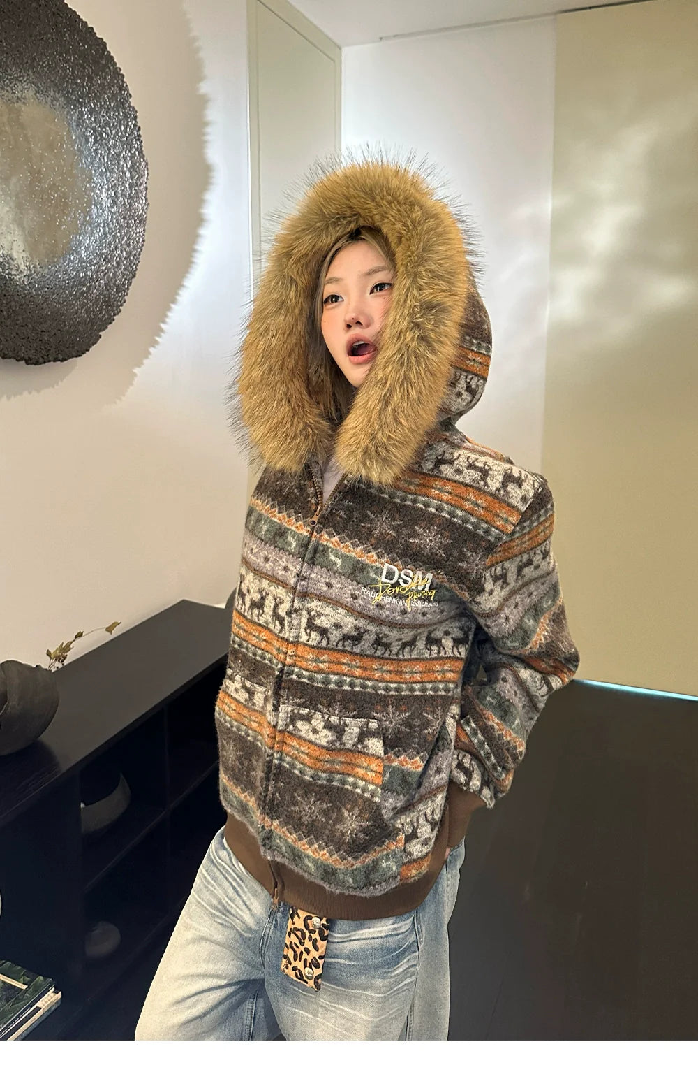 DONSMOKE Front Shoulder Fur Collar Thermal Casual Jacket