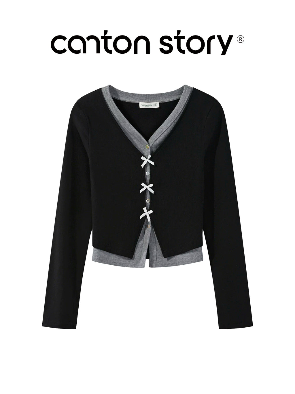 cantonstory Fake Two Piece V Neck Knit Long Sleeve Top