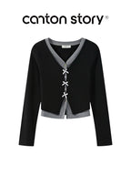 cantonstory Fake Two Piece V Neck Knit Long Sleeve Top