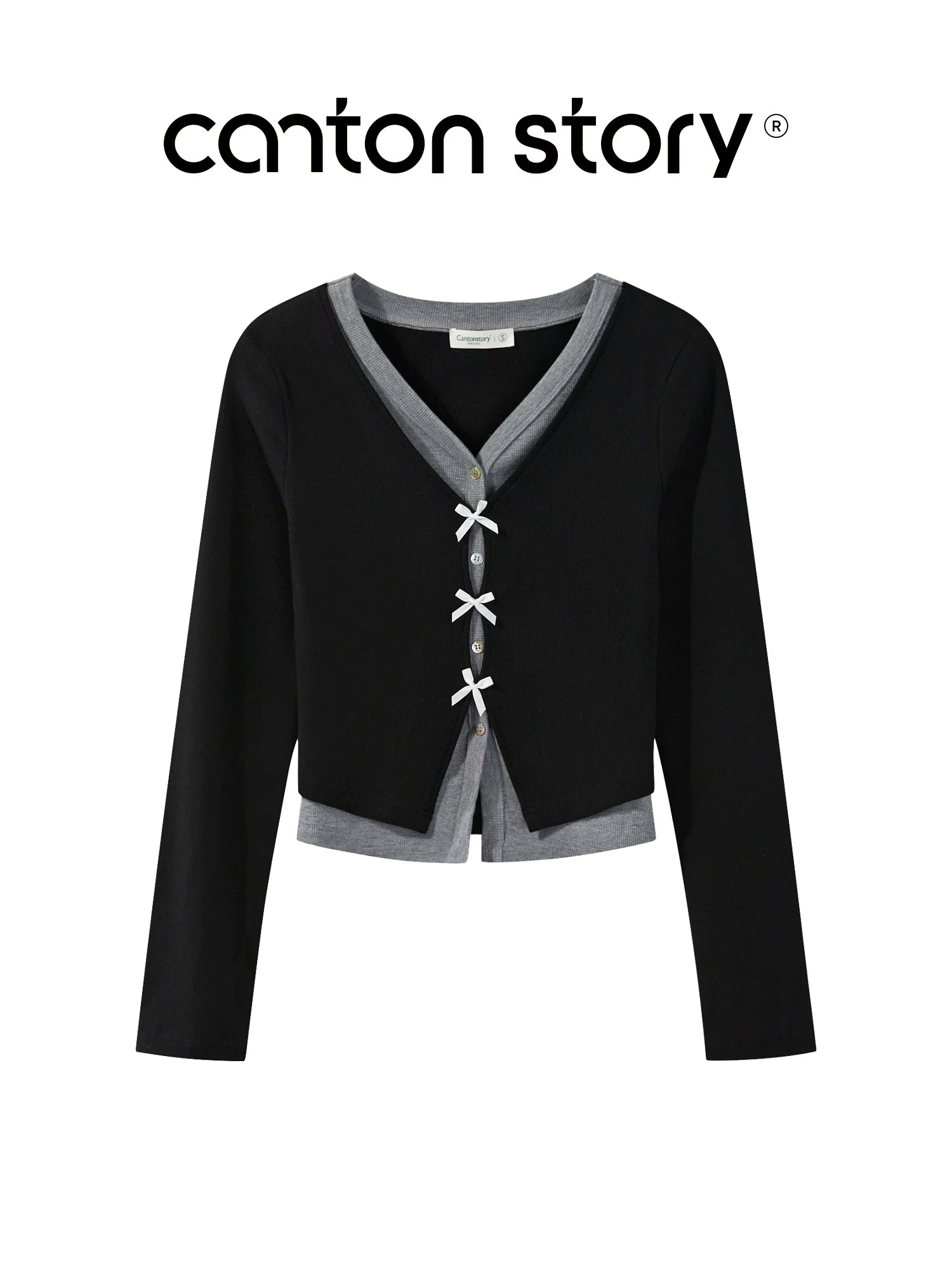 cantonstory Fake Two Piece V Neck Knit Long Sleeve Top