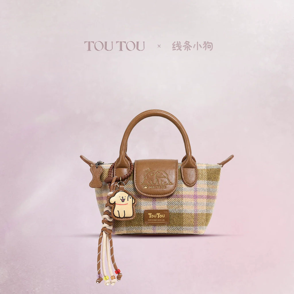 TOUTOU Line Puppy Plaid Woolen Messenger Bag