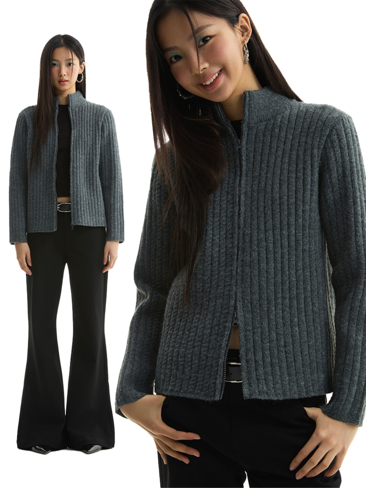 FUNKYFUN Twist Double Pit Strip Zipper Knitted Sweater Jacket