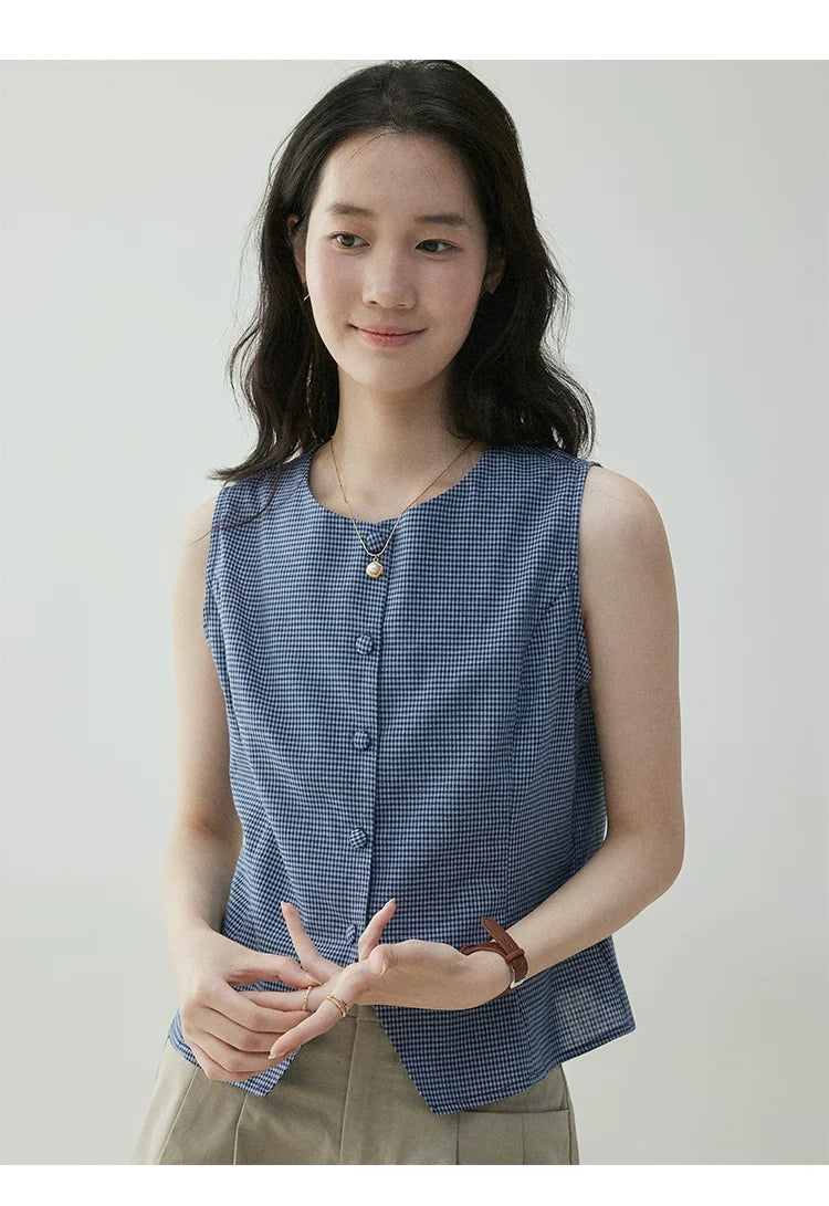 VOOE Contrast Checked Crew Neck Sleeveless Vest
